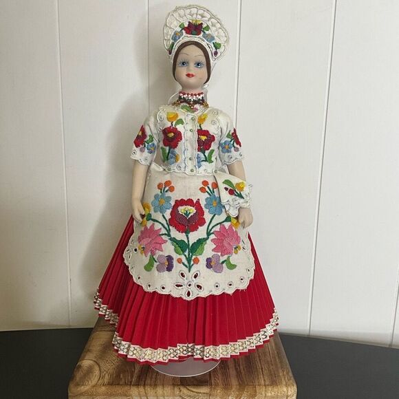 Vintage Handmade Diszaba Porcelain Doll Ethnic Hungary Embroidered Apron Blue - Picture 1 of 8